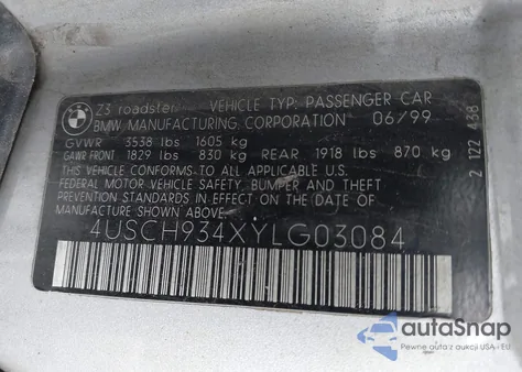 2000 BMW Z3 2.3 из США, поврежденный, VIN 4USCH934XYLG03084